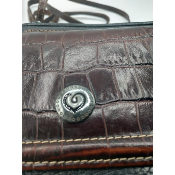Vintage Black Brighton Leather Crossbody Bag With Brown Croc Embossed Flap & Adj - Picture 14 of 16
